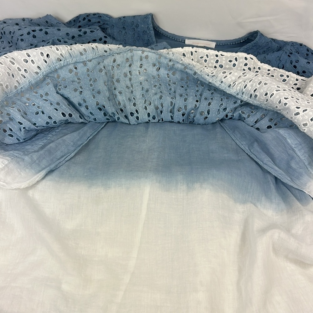 Super Natural Sz L Tiered Eyelet Dress V Neck Blue Ombre V Neck Puff Sleeves - Picture 12 of 13